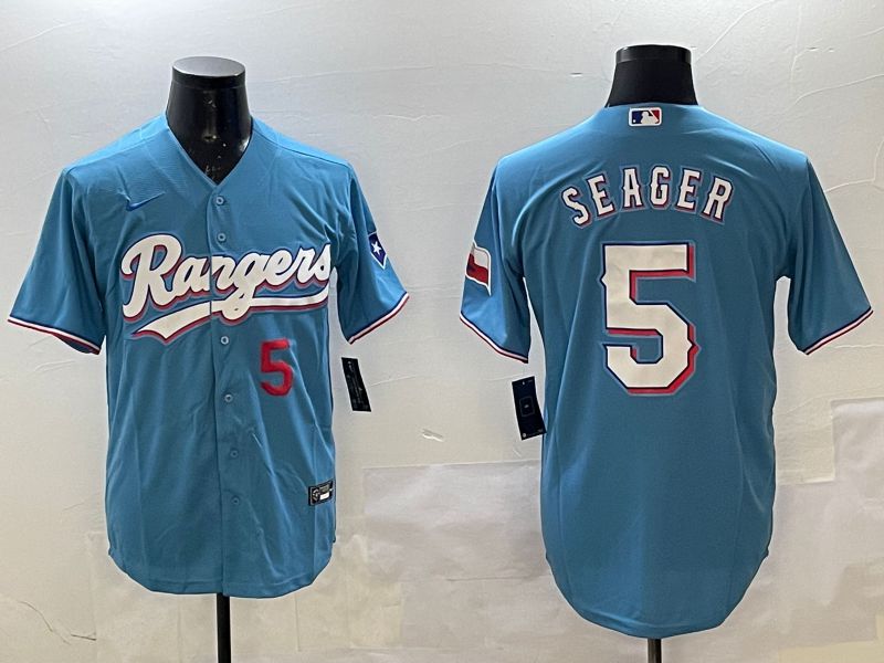 Men Texas Rangers 5 Seager Light Blue Game 2025 Nike MLB Jersey style 4